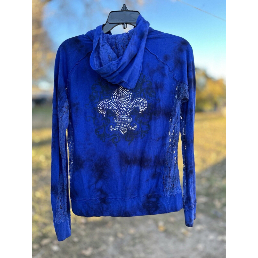 Cowgirl Legend Distressed Lace Hoodie Zip Jacket Womens Large Blue Lightweight - Picture 8 of 16